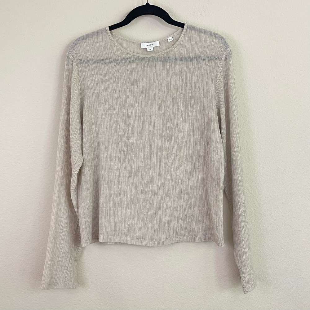 Vince Crinkle Long Sleeve Crewneck Lightweight Sheer Blouse Size L Minimalist - Picture 3 of 8